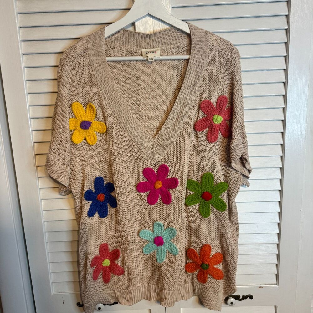 BIBI INDIE KNITTED FLORAL COTTAGECORE CROCHET V-NECK SWEATER TEE‎ SZ L
